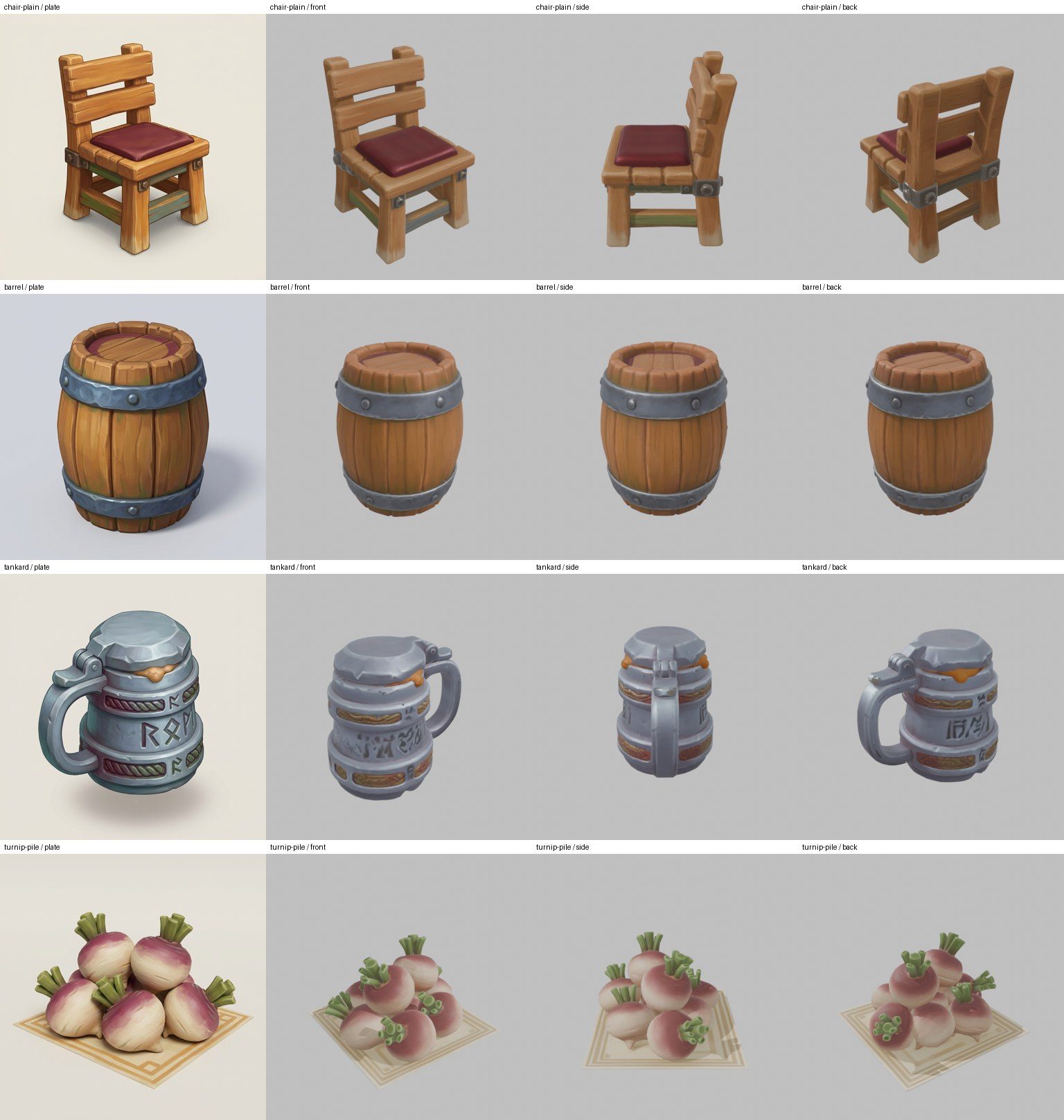 Grid comparing each concept plate with front, side and back renders of its mesh